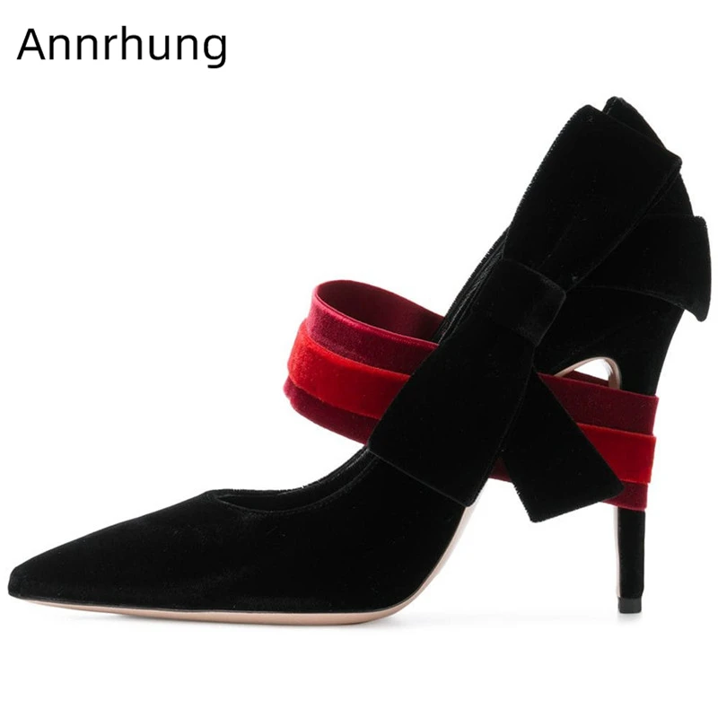 

Butterfly-Knot Flock Pumps Women Stiletto High Heeled Shoes Mixed Color Band Wrap High Heels Bowknot Shallow Shoes Zapatos Mujer