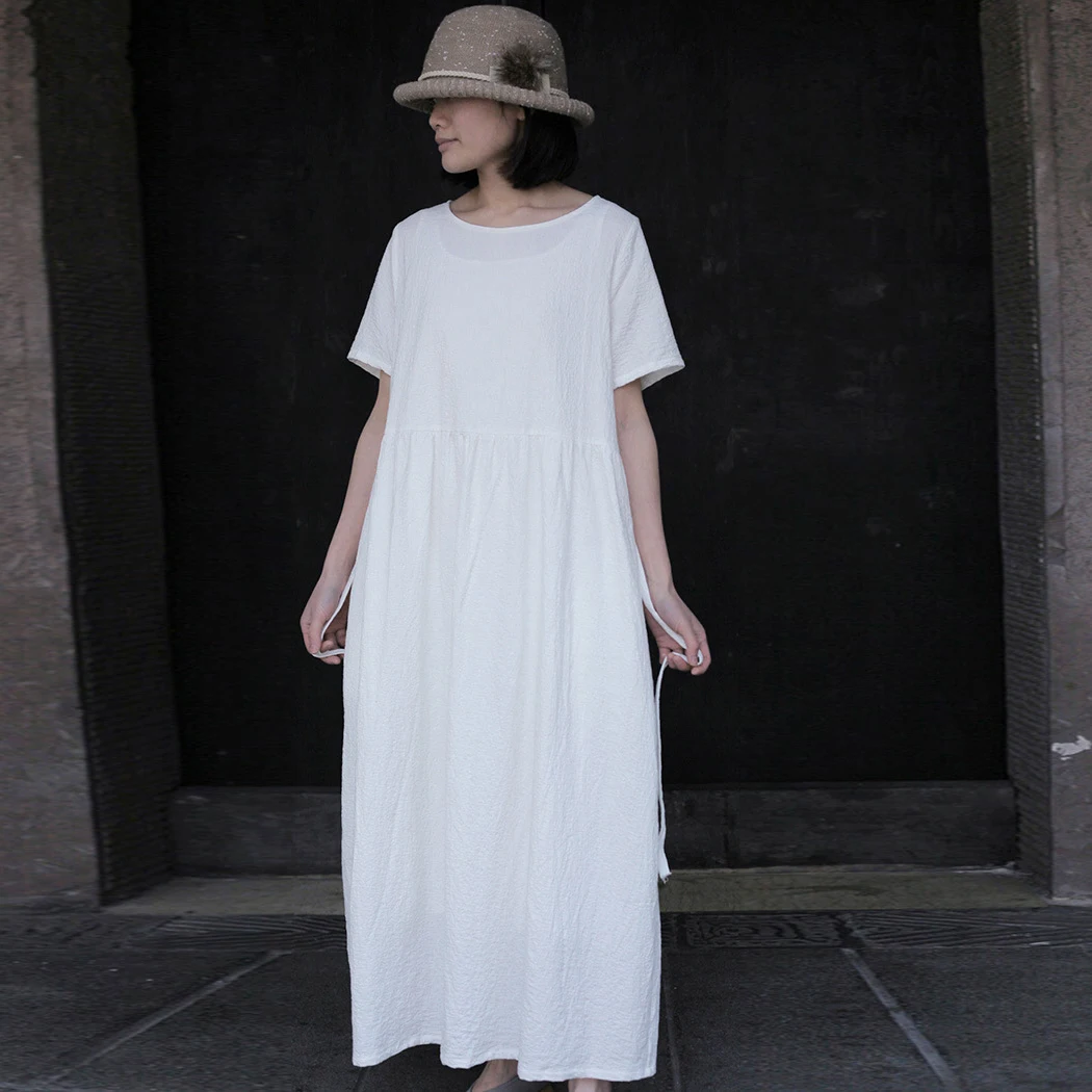 Johnature Cotton Linen Jacquard Women Long Dresses Vintage 2021 Summer Loose Sashes Lace Up Solid Color Short Sleeve | Женская одежда