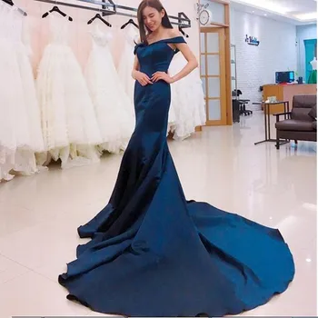 

Exquisite Dark blue Mermaid Evening Dress Off Shoulder V Neck Elegant Satin Noite Vestidos Formal Gowns Prom Dresses