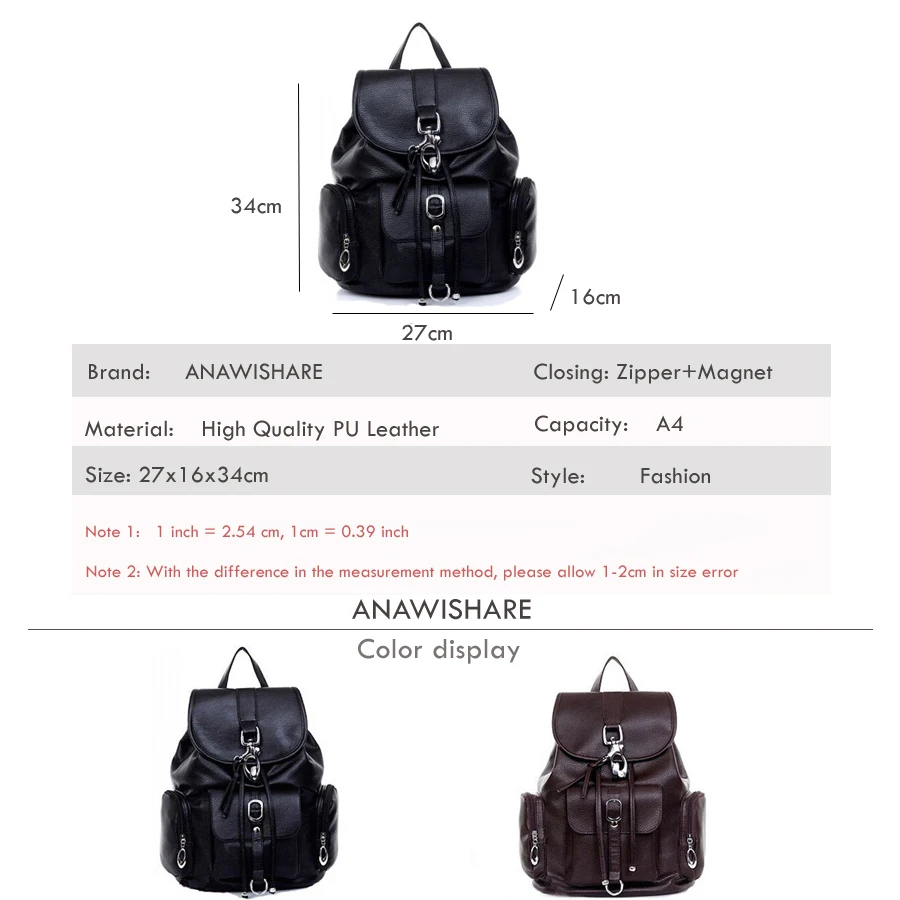 Anawishare женский рюкзак кожаная черная сумка на плечо большие школьные сумки для подростков девочек Дорожная сумка водонепроницаемый B025