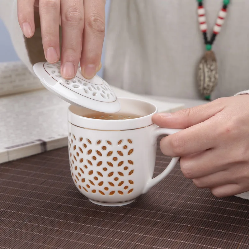 Изысканная 300 мл Цзиндэчжэнь пустотелая сотовая стеклянная керамическая фарфоровая чайная чашка для здоровья кружка для молока кофе чайная чашка с крышкой блюдце