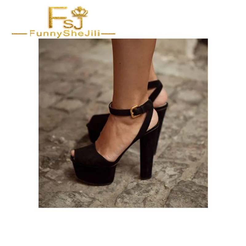 Black Chunky Heels Peep Toe Platform Ankle Strap Sandals US Size 3 15