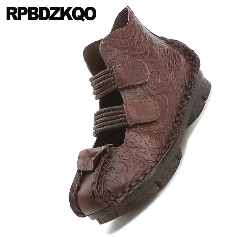 Chinois Bout Ethnique Traditionnel Âgées Chaussures Cuir Brun Brown Designer Personnes Appartements Chine Respirant Rond Femmes dark Noir Dames Véritable En Noir qPEC7Iwa