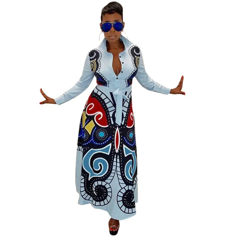 Meilleur Grande taille femmes Maxi robe à manches longues Vintage impression Dashiki robes africaines pour dames bouton vers le bas élégant chemise longue robe