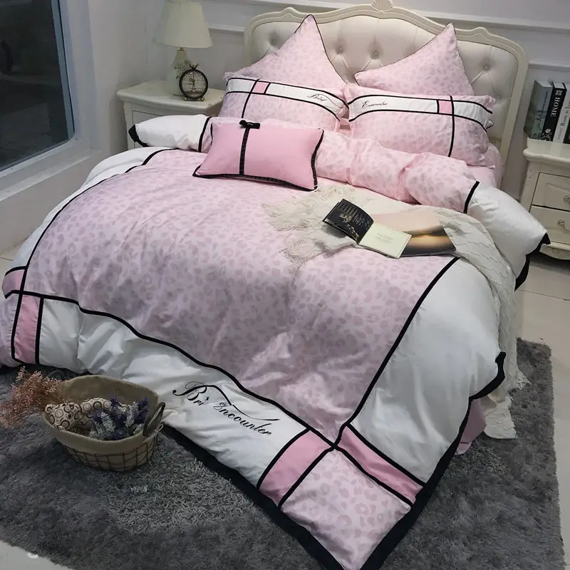 Pink leopard luxury women Bedding Set king queen size duvet cover egyptian cotton girls cute bed sheet set bed room set pillow