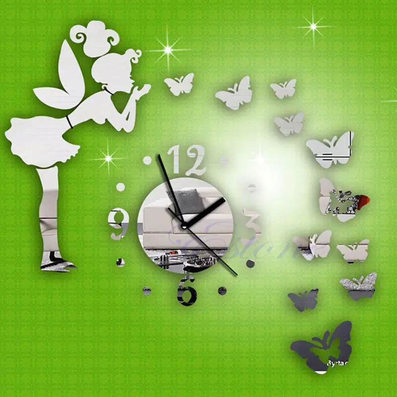

Modern Butterfly Fairy Clock DIY 3D Art Mirror Wall Sticker Kids Room Home Decor