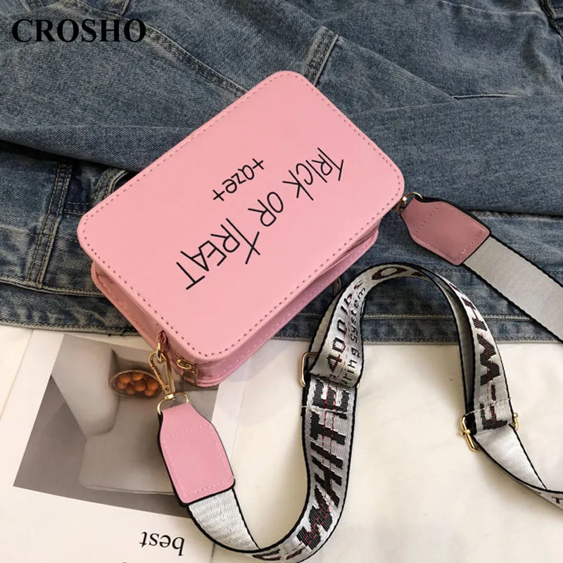 

CROSHO Wide Shoulder Strap Bag Female New Casual Small Square Bag Simple Personality Single Shoulder Bag Cross Body Letter