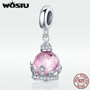 

WOSTU Lucky Charms 925 Sterling Silver Pink Crown Crystal Bead Fit Original Bracelet Necklace Charms For Jewelry Making DXC1132