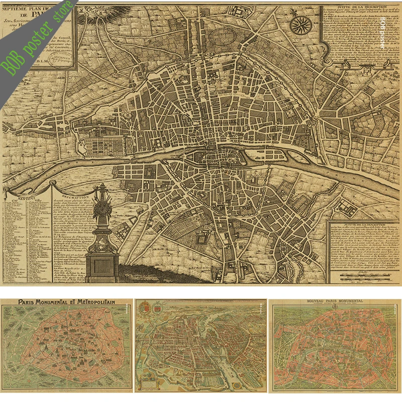 

retro Paris France city map Kraft Paper Poster vintage Living Room Wall Art Crafts Sticker Bar Cafe Design