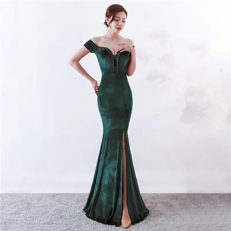 Бархатное платье женское элегантное сексуальное платье с аппликацией винно-красного цвета с открытыми плечами с v-образным вырезом длинное платье с разрезом для клубной вечеринки vestidos - Цвет: Green