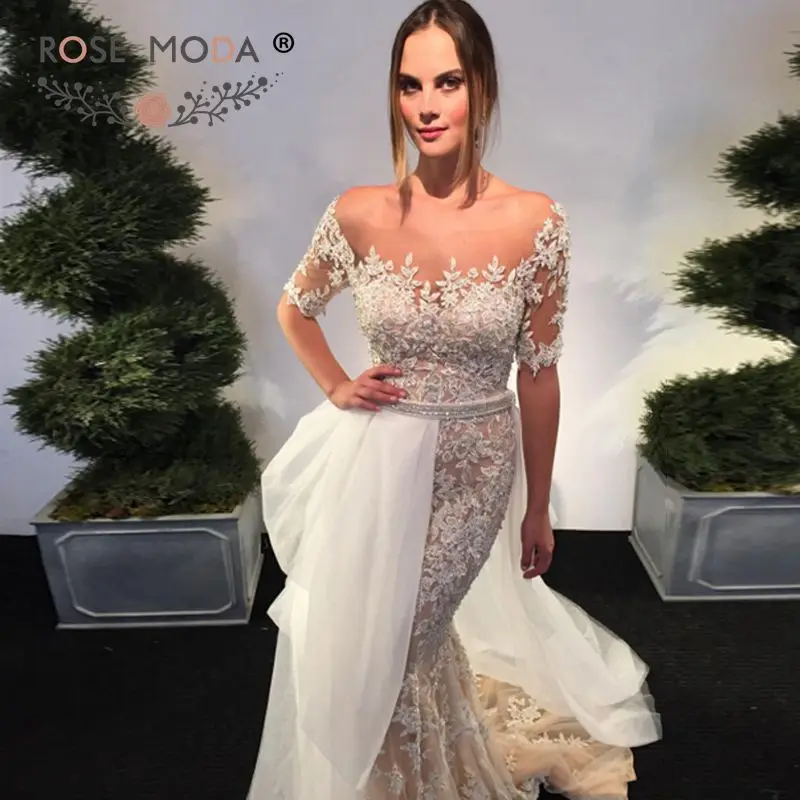 Rose Moda Korte Mouwen Kant Mermaid Trouwjurk met Afneembare Rok Lace Bridal Jurk met Kristallen Rose Moda Korte Mouwen Kant Mermaid Trouwjurk met Afneembare Rok Lace Bridal Jurk met Kristallen