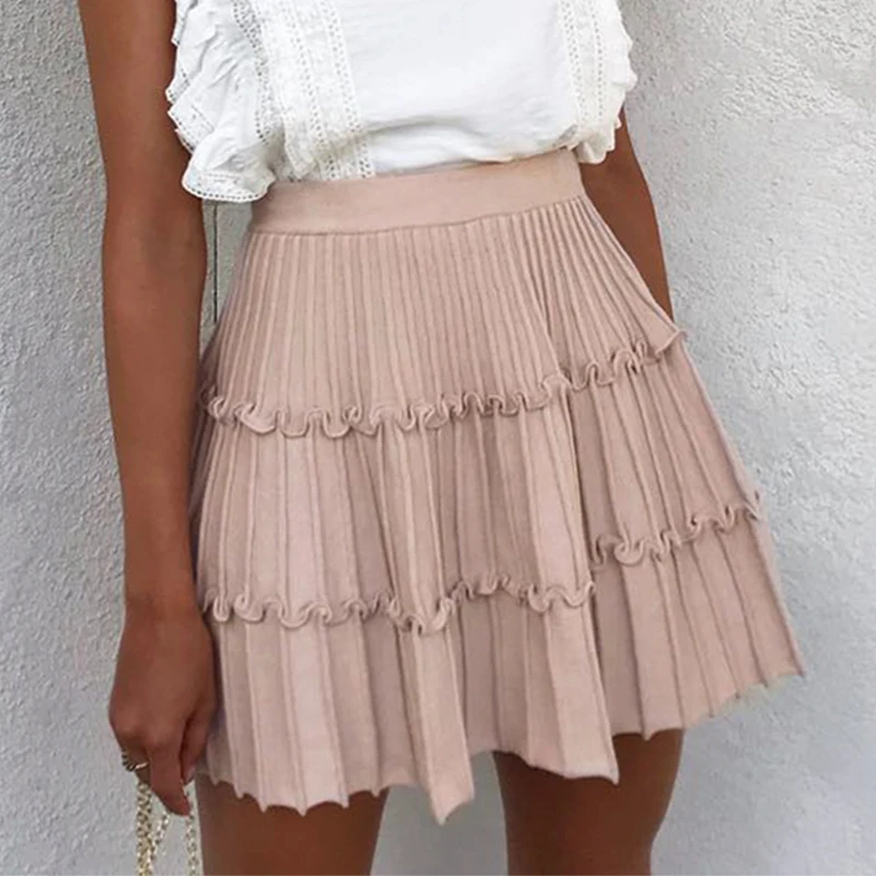 

Mossha Ruffled High waist A line skirt women autumn 2019 Sexy stripe knitted skirt female Elegant pink short ladies sweet skirts