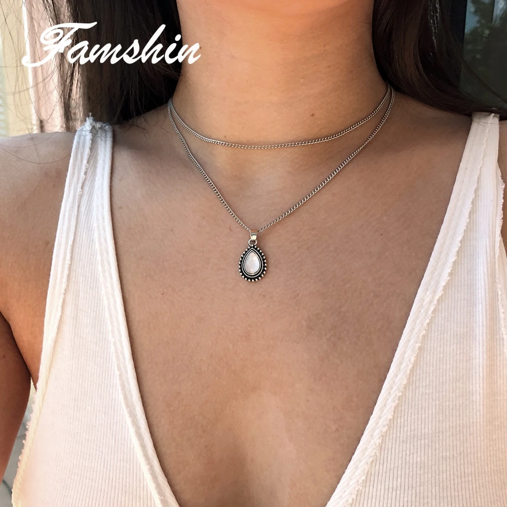 

FAMSHIN New Fashion Double Horn Necklace Crescent Water Drop Necklace Boho Jewelry Minimal Girlfriend Jewelry Gift