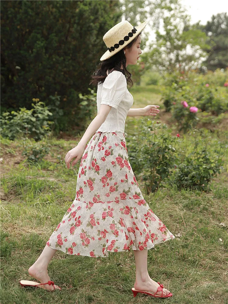 

2019 new fashion women's two piece Set Women French Vintage White Top Chiffon Print+ Fishtail Skirt