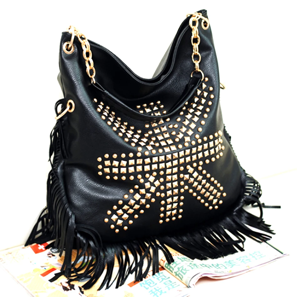 Us 19 38 49 Off Tassel Hobo Bags Large Black Women Handbags Fringe Leather Bag High Quality Vintage Rivet Shoulder Causal Handbag In Top Handle