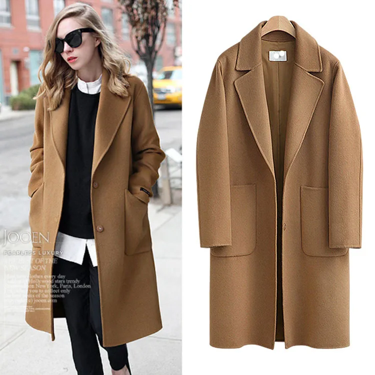 ladies new Woolen solid turn down collar long woman coat autumn and spring wide waist office lady female Woolen coat