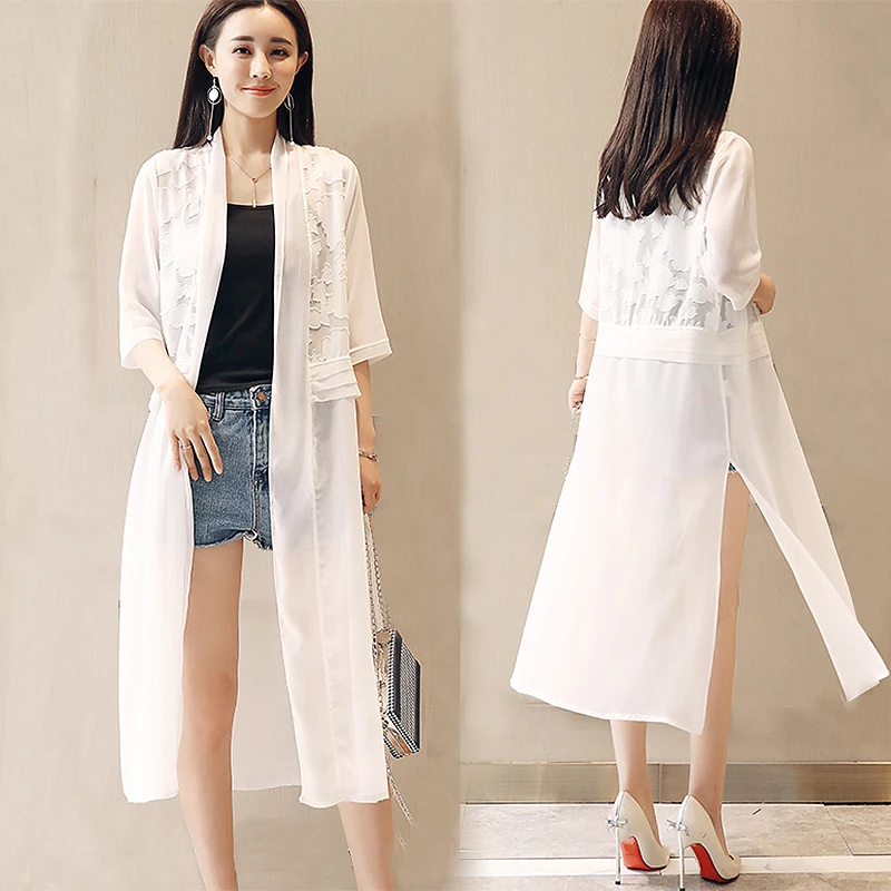 Prix 2018 Été Mousseline de Soie En Dentelle Patchwork Blouse Femmes Manches Demi Tops Lâche Plus La Taille Noir Blanc En Mousseline de Soie Kimono Cardigan Boho Chemise