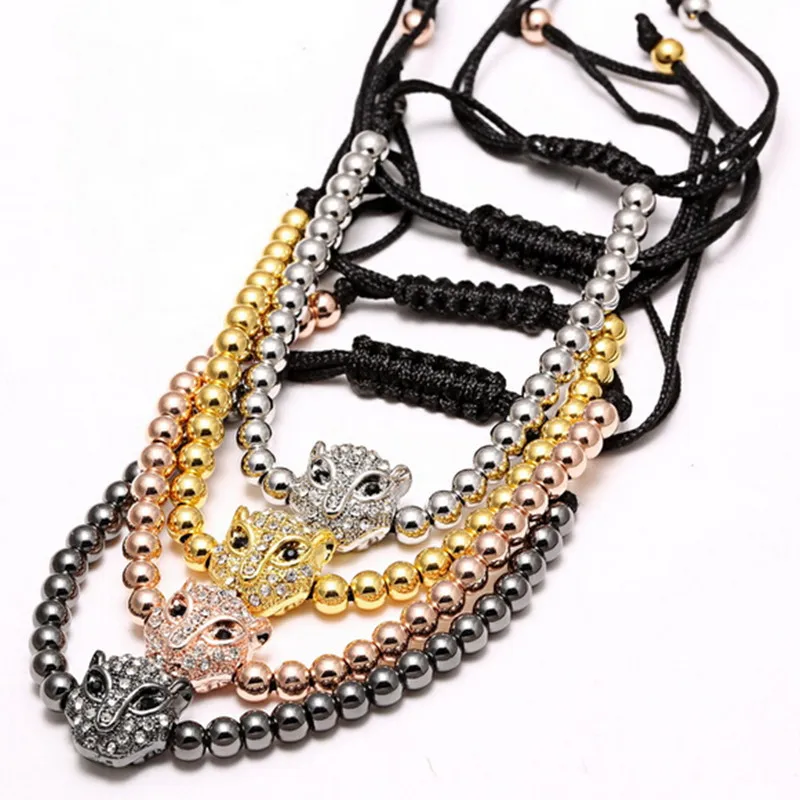 

1pcs Famous Brand men bracelet Pave Setting CZ Leopard Head Connector & 4mm Round Bead Braiding Macrame Men Bracelet
