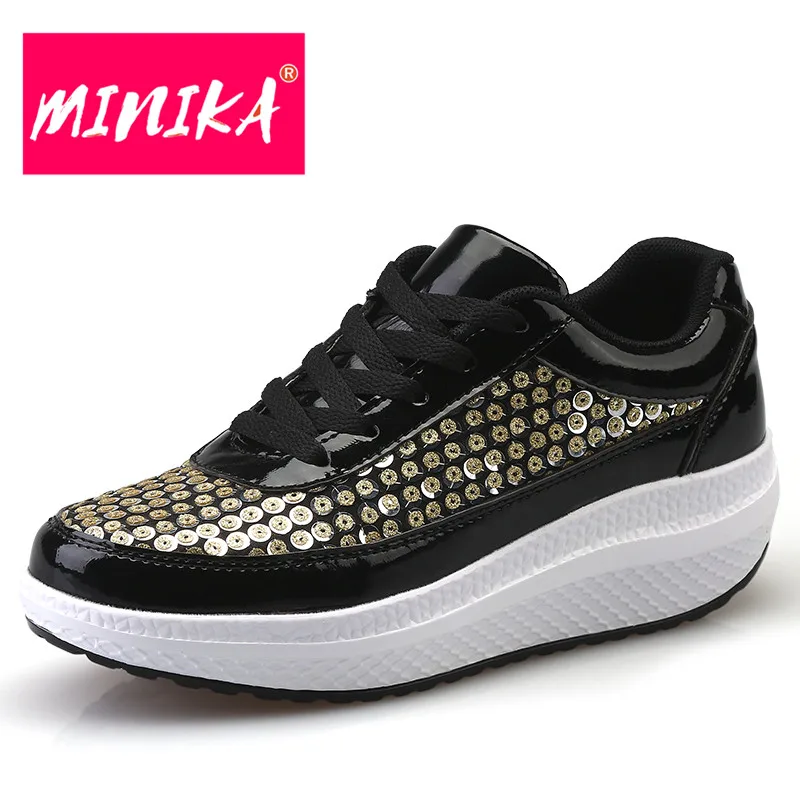 

MINIKA Famous Designer Women Flats Shoes New Brand Shiny Sequins Women Lace-Up Shoes Originality Thick Bottom Women Casual Shoes