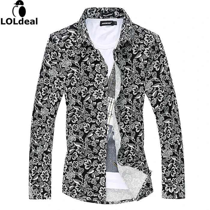 

Loldeal 2018 summer spring new shirt men flowers printed men shirt loose Floral printing desinger long sleeve men shirts