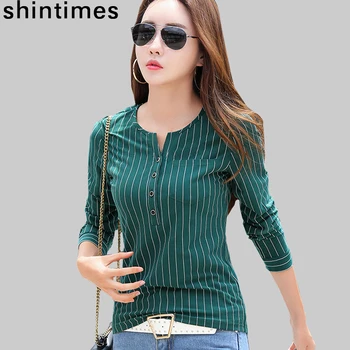 

Shintimes Striped Fall 2020 Long Sleeve T Shirt Women Cotton Korean Style V-Neck Woman Clothes Casual T-Shirt Tee Shirt Femme