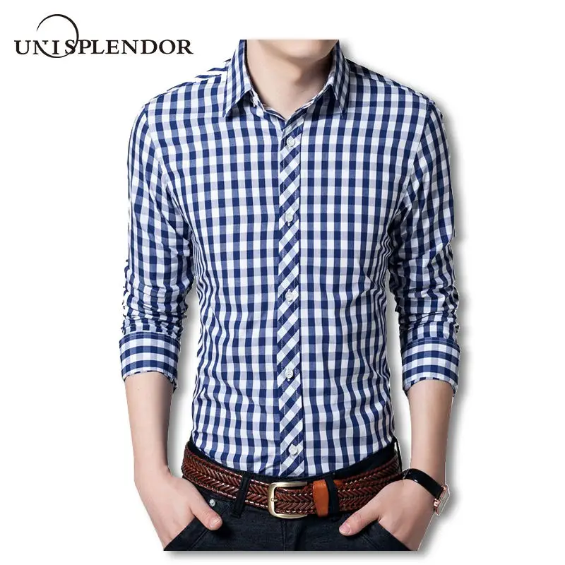 

unisplendor 2019 Autumn New Classic Long Sleeve Plaid Men Shirt Slim Fit Mens Check Cotton Shirts Casual Dress Shirt 4XL YN673