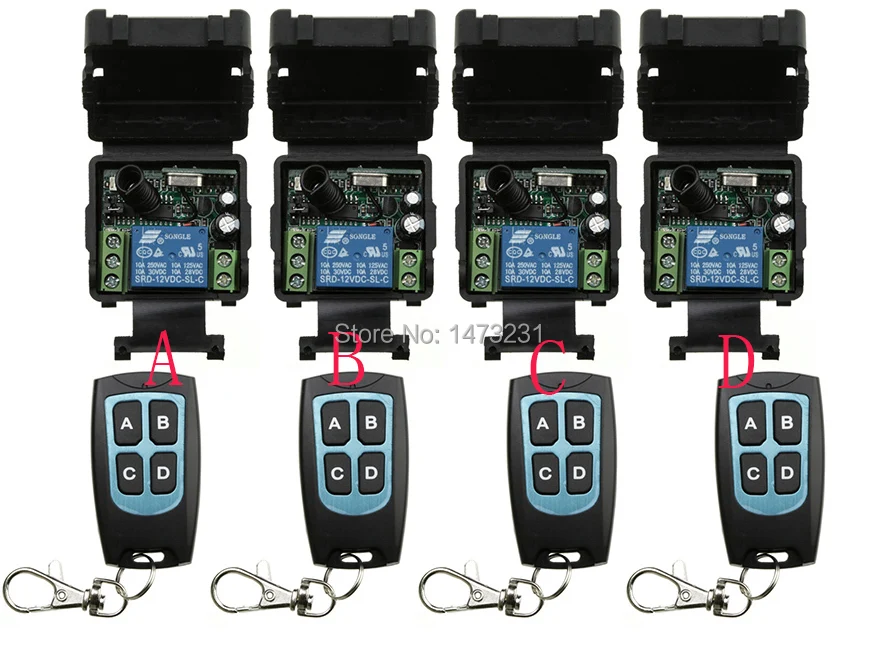 

Free Shipping New DC12V 1CH RFwireless remote control switch system 4transmitter & 4 receiver relay Learning Code