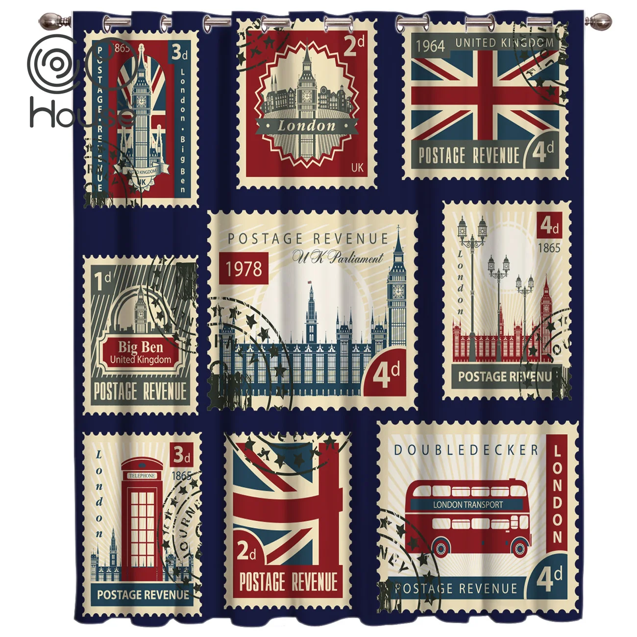 

Vintage London Stamp Window Treatments Curtains Valance Bathroom Outdoor Kitchen Kids Window Treatment Sets Party