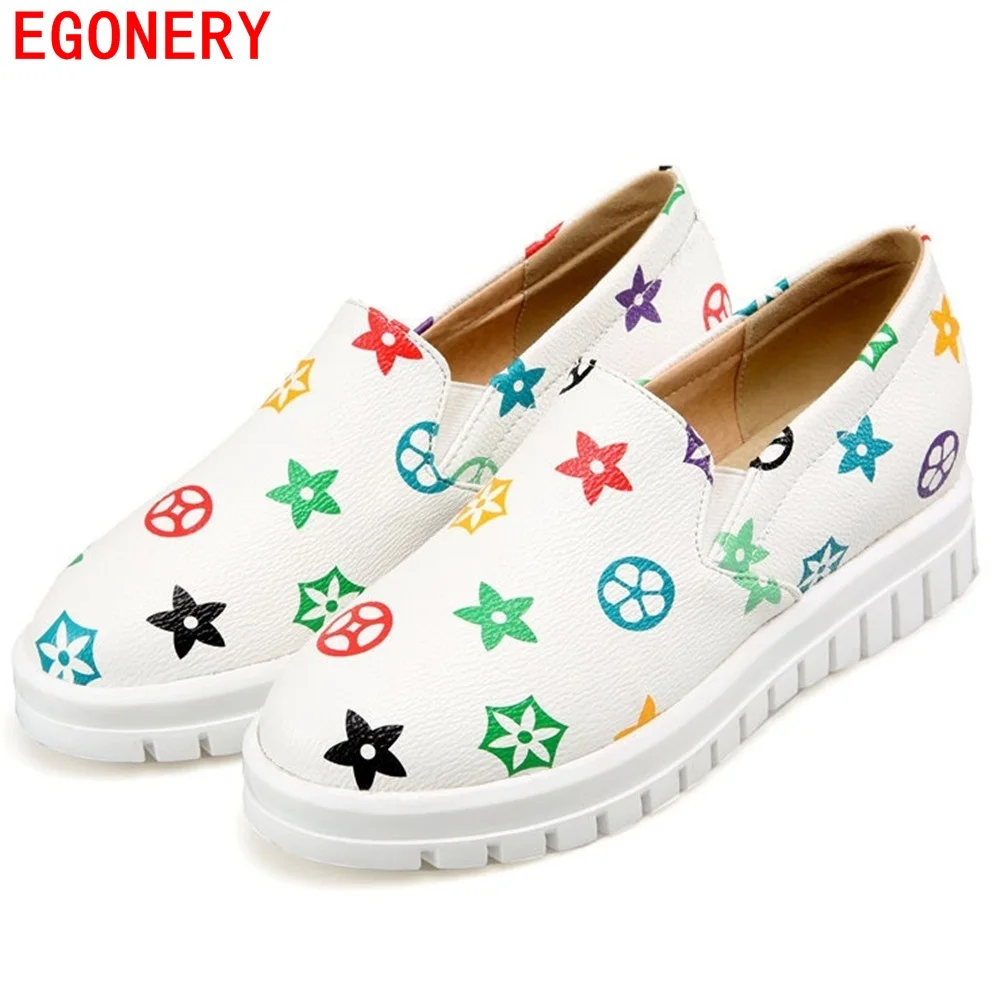 

EGONERY Print Soft PU leather Round Toe Rubber Thick Sole platform Casual Flats Shoes for Womens Slip On loafer
