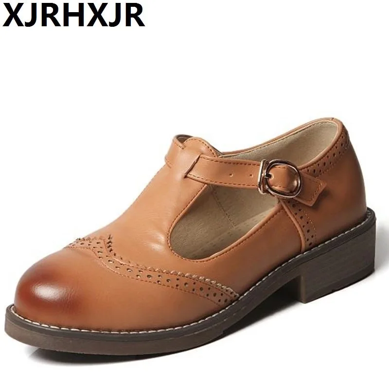 

2019 Vintage PU Leather Women's Shoe Rome Style Round Toe Italian Shoe Buckle T-strap Ladies 3cm High Pumps Plus Size 33-43