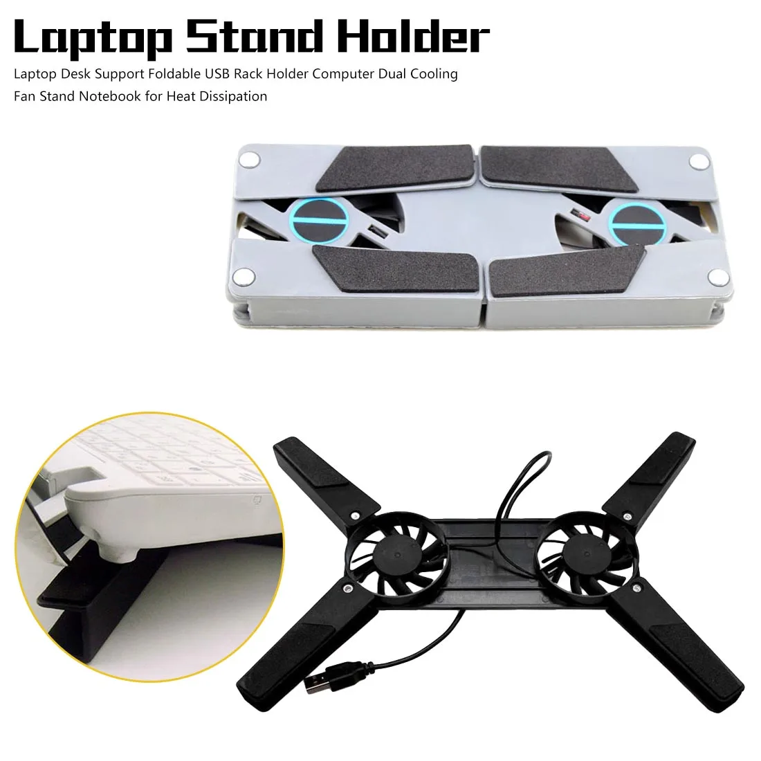 

Laptop Desk Support Dual Cooling Fan Notebook Computer Stand for Heat Dissipation Foldable USB Rack Holder Black