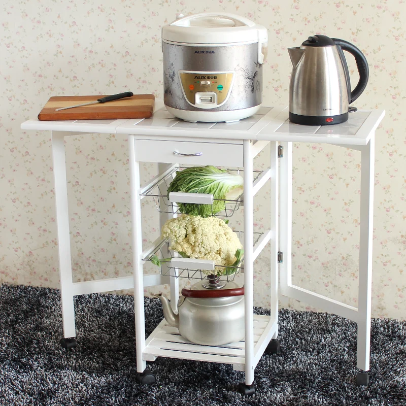 

Portable Folding Kitchen Rolling Tile Top Drop Leaf Storage Trolley Cart White Simple Modern Fashion Shelf Rack