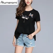 Футболка Черная свободная, с короткими рукавами круглый воротник вышивка бисером женские топы плюс размер 5XL 4XL XXXL XXL XL L M