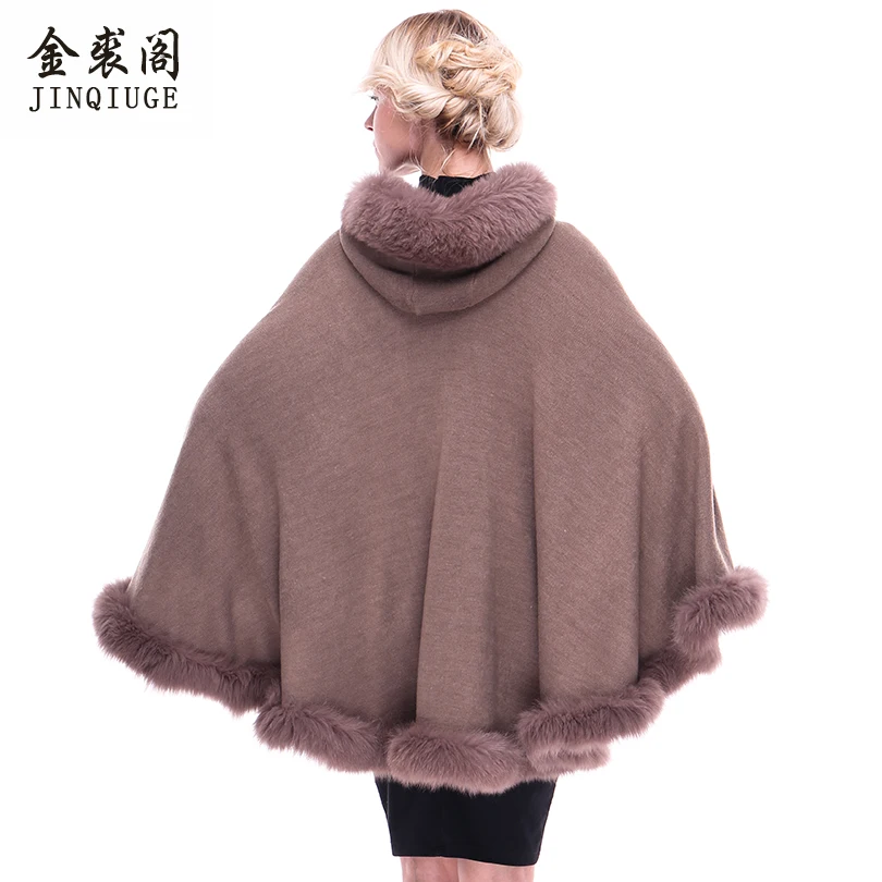 JINQIUGE Women's Real Fur Shawls Wool Blends Fox Fur Collar Hooded Pashmina Coat Cape New 2017 Women Wool Real Fox Fur coats JINQIUGE Women's Real Fur Shawls Wool Blends Fox Fur Collar Hooded Pashmina Coat Cape New 2017 Women Wool Real Fox Fur coats