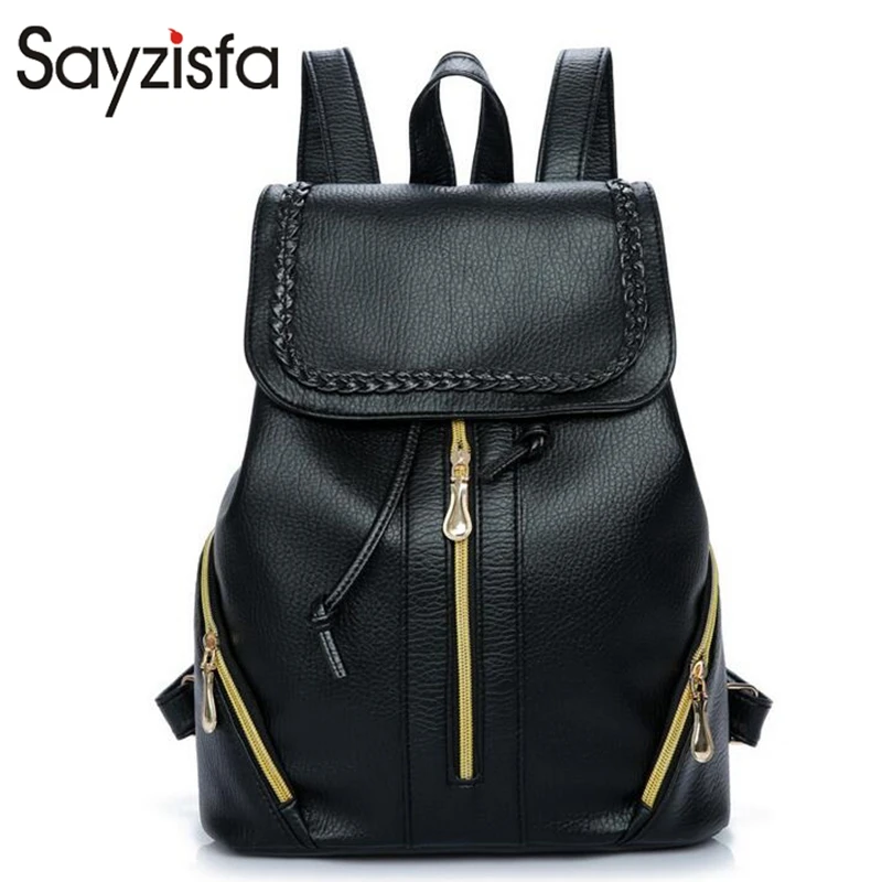 Sayzisfa Brand New Women Backpack Leather Black Backpacks Girls School