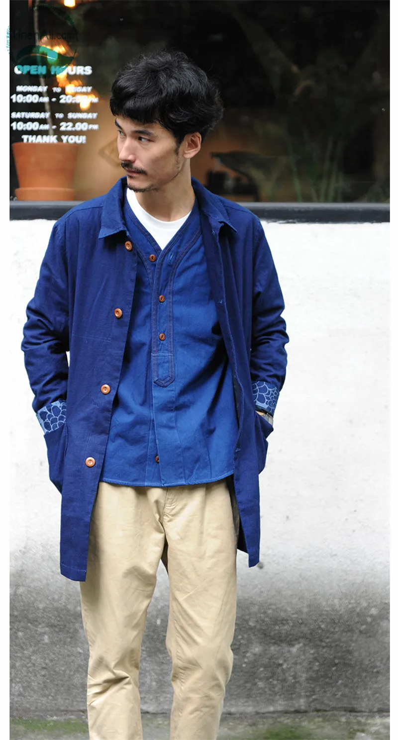 LinenAll синее окрашивание ручной работы трава окрашенная длинная полосатая вышитая Индиго пальто-туника Мужское пальто Тренч