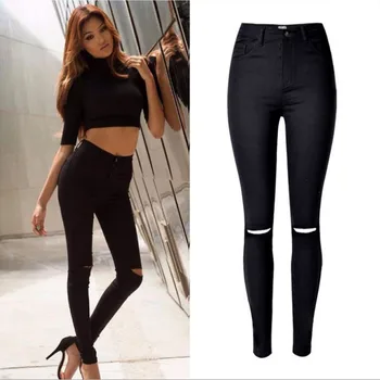 

Sexy Hot Jeans Women High waist Hole Jeans Skinny Denim Stretchy Pencil Pants Female Casual Trousers