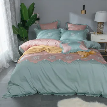 

100%Cotton Pink Blue Cute Girls Bedding Set Queen King size Lace Royal Bedding Sets Bed Sheet/Linen Set Duvet Cover Pillowcase40