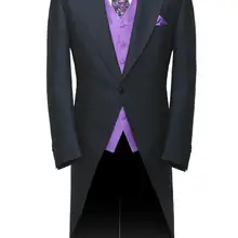 Мужские костюмы на одной пуговице с отворотом, костюм из 3 предметов(пальто+ брюки+ жилет+ галстук), тонкий пиджак в стиле ласточкин хвост, черный костюм, фиолетовый жилет, галстук