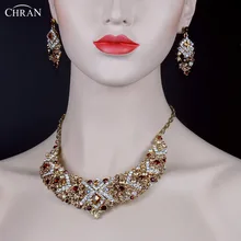 

CHRAN Elegant Gold Color Crystal Wedding Necklace Earrings Set Fashion Sparkling Rhinestone Bridal Jewelry Set for Women