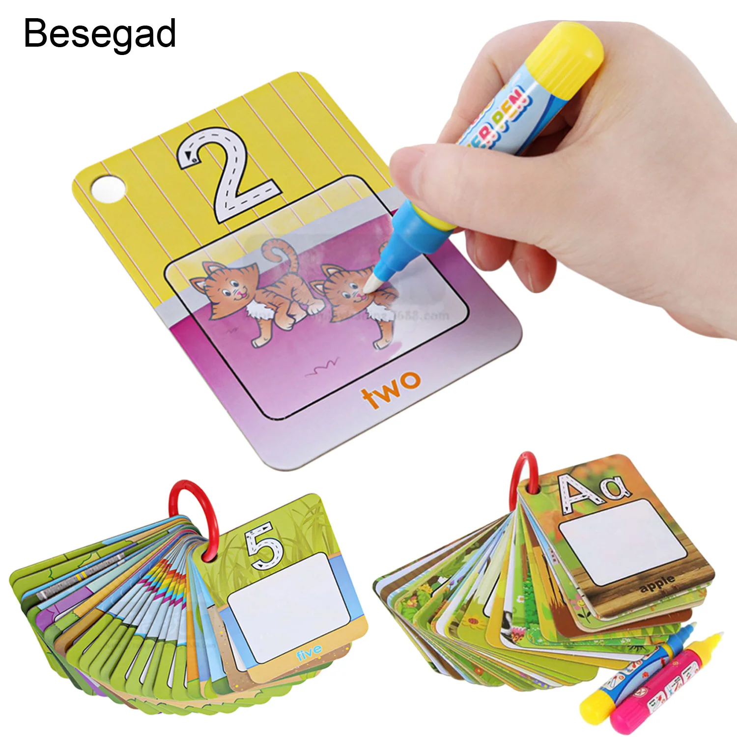 

Besegad 26PCS Reusable Water Drawing Painting Learning Cards Educational Toys with Pens Buckle for Kids Children Boys Girls