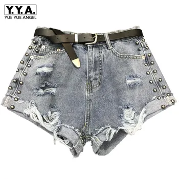 

Summer Brand Beach Washed Shorts Trousers Short Rivet Jeans Women High Waist Sexy Slim Fit Denim Hole Female Fashion Shorts