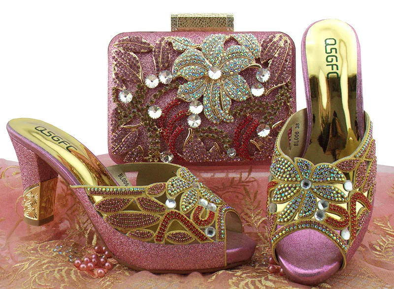 

Free shipping newest fashion slippers shoes 3.2 inches with clutches bag for african aso ebi party shoes bag women set SB8144-2