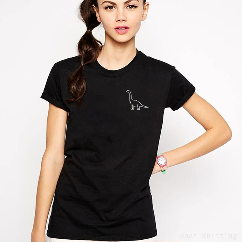 Wt0131 New Design Women Summer Simple T Shirt Pocket Cute Dinosaur