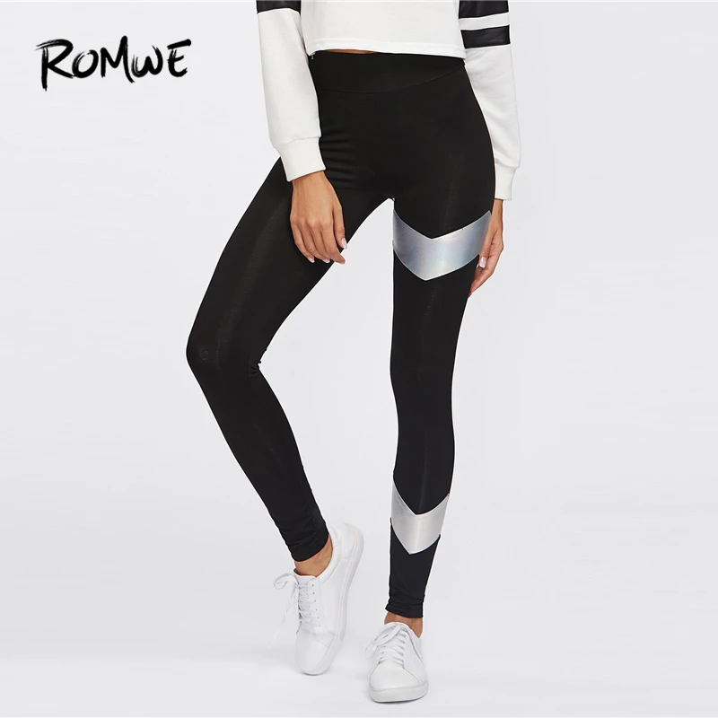 

ROMWE Metallic Chevron Panel Detail Leggings 2019 Women Fitness Chevron Colorblock Active Wear Leggings Female Black Leggings