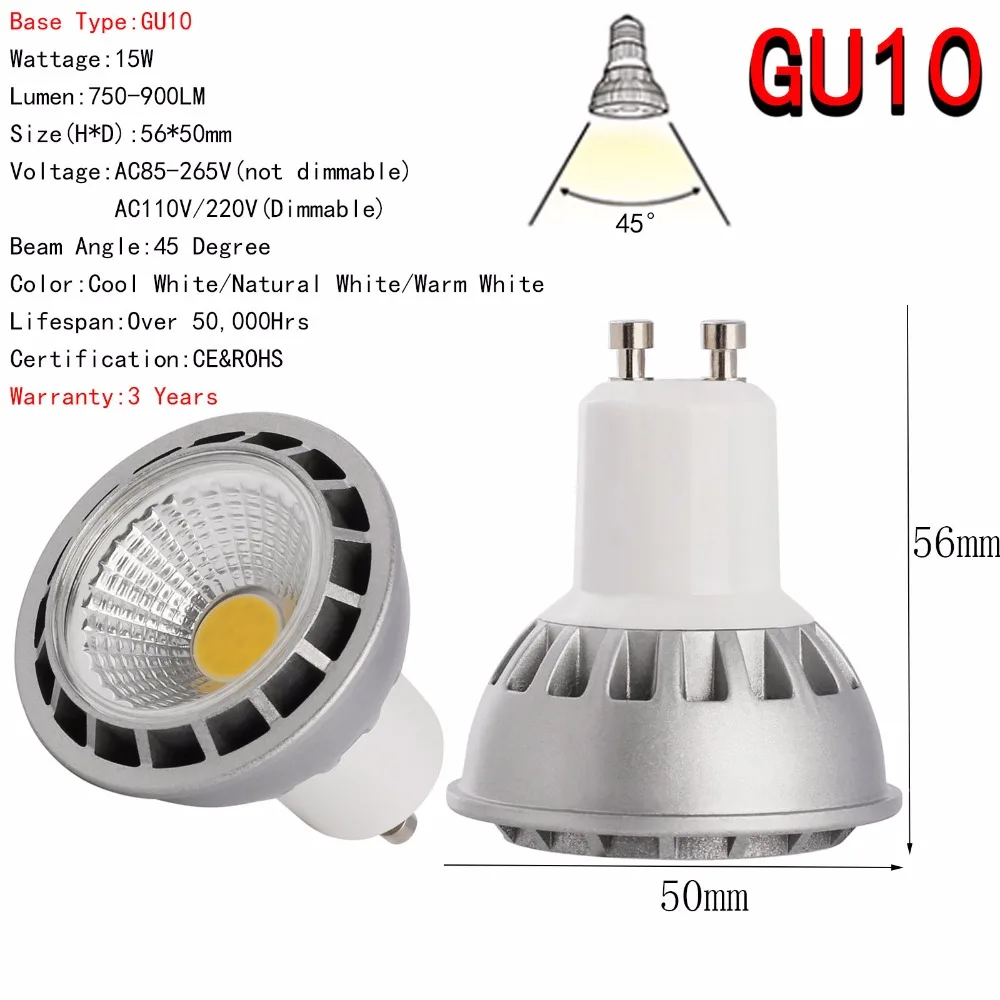 E27 GU10 MR16 светодиодный COB Точечный светильник Dimmable15W лампа ультра яркий свет