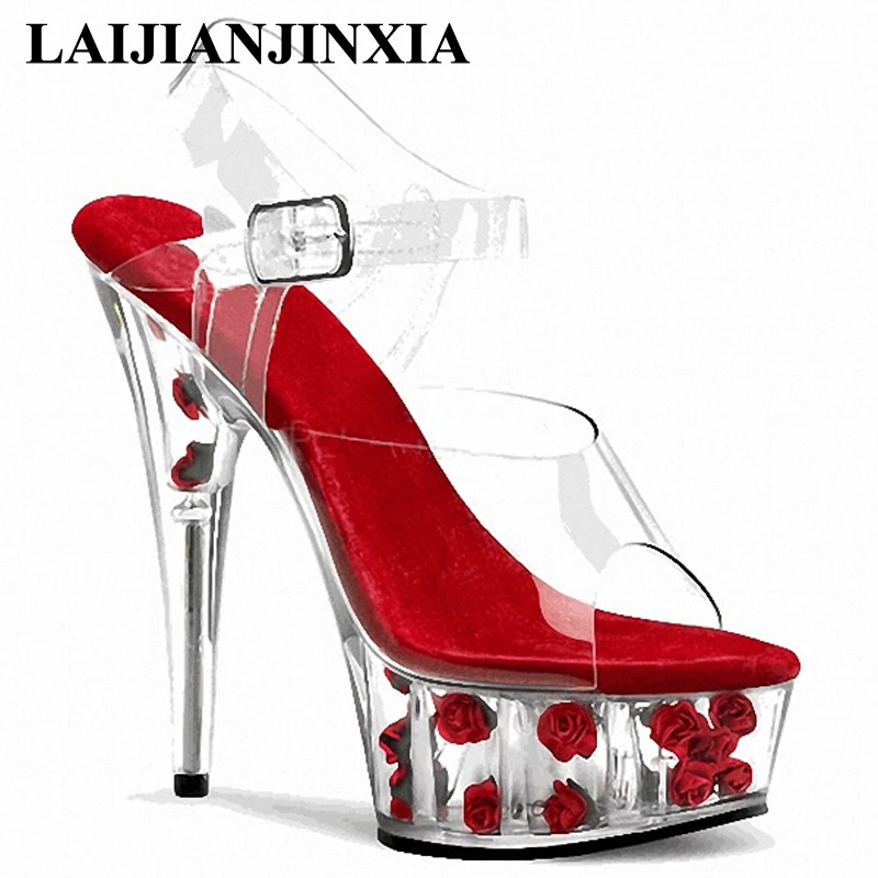 LAIJIANJINXIA/Женская обувь на высоком каблуке 15 см; босоножки; обувь на платформе с ремешком и цветочным принтом; Танцевальная обувь; обувь для танцев на шесте с открытым носком