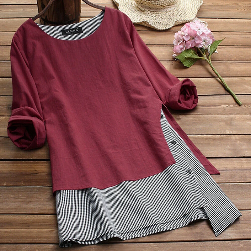 Linen Fake Two Pieces Shirt Dress Woman Casual Long Sleeve Dresses Lady Irregular Pullovers Dress Women Plus Size Blouse Dresses