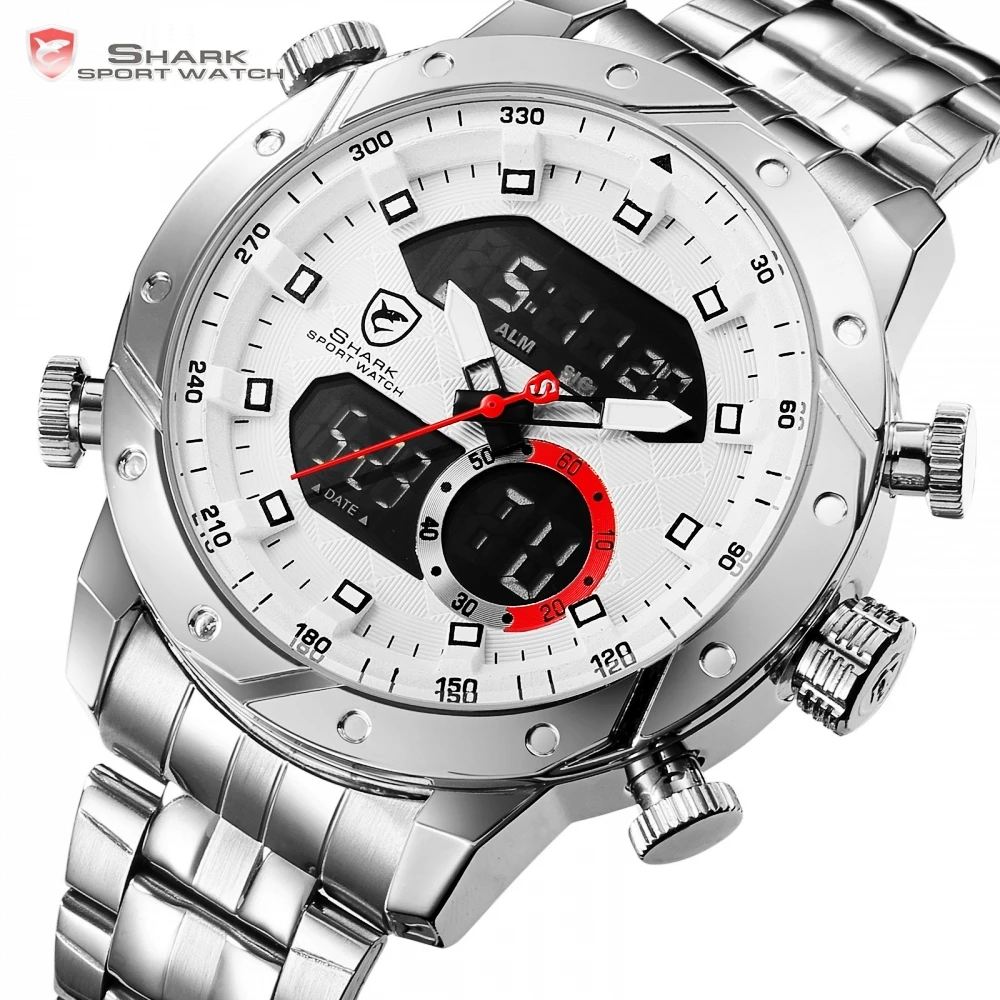 Snaggletooth SHARK Sport Watch LCD Auto Date Alarm Steel Band Chronograph Dual Time Men Relogio Quartz Digital Wristwatch /SH589