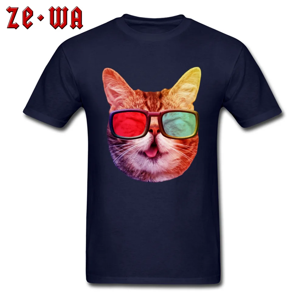 Cat 3D Glasses T-shirts comfortable Short Sleeve 2018 Crewneck Pure Cotton T Shirt Hip hop T-shirts for Men Labor Day Cat 3D Glasses navy